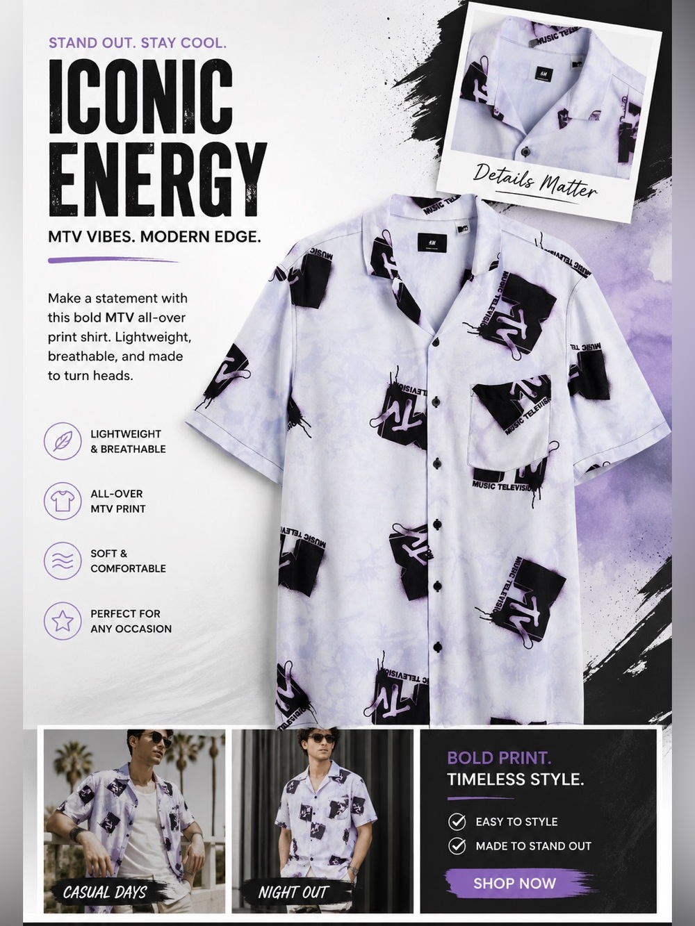 H&M Pale Lavender Short-Sleeve Button-Up with MTV Graphic Print